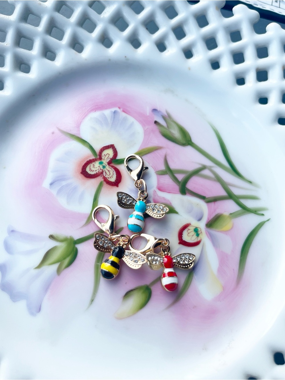 Rhinestone Bee Zipper Pulls, Bag Charms - Red, Blue, Yellow Set of (3)